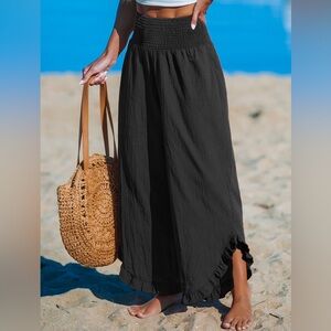 Cupshe Black Smocked Waist Straight Leg Ruffle Pants. Size L. NWT.